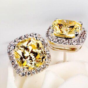 Yellow Cushion-Cut Stud Earrings With Crystal Halo In Silver-Toned Setting
